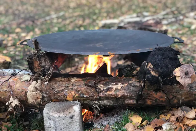 Musta muurikka pölkkyjen varassa, alla palaa liekki.