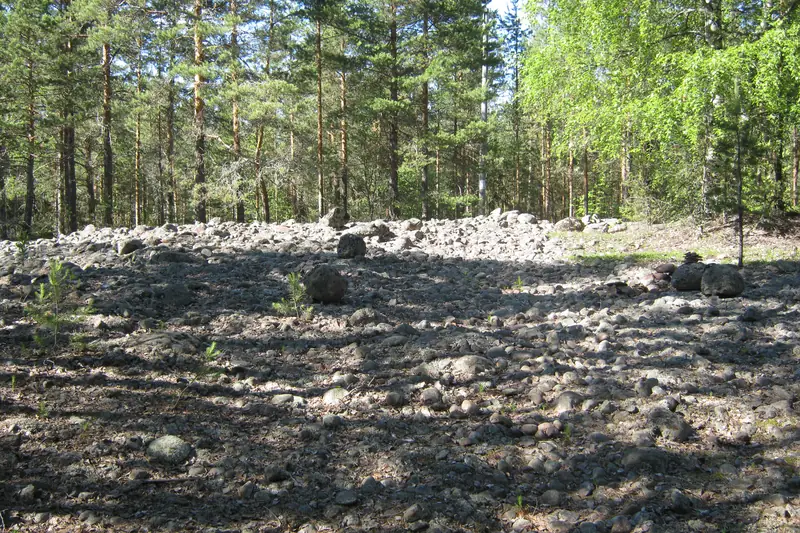 Metsän keskellä aukea, jonka pohja on pelkkiä pyöristyneitä kiviä.